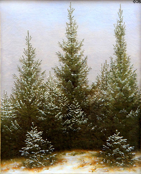 Fir Trees in Snow painting (c1828) by Caspar David Friedrich at Neue Pinakothek. Munich, Germany.