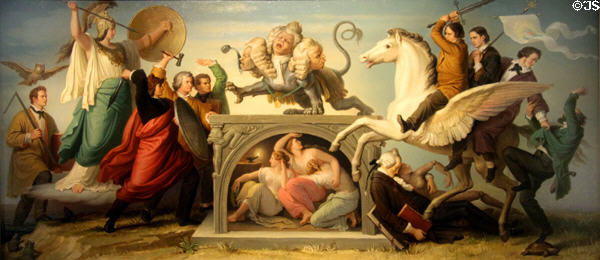 Artists under Protection of Minerva Battle Scholarly Critics allegorical painting by Wilhelm von Kaulbach at Neue Pinakothek. Munich, Germany.