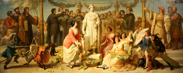 Celebration of artists around statue of wreathed King Ludwig I allegorical painting by Wilhelm von Kaulbach at Neue Pinakothek. Munich, Germany.