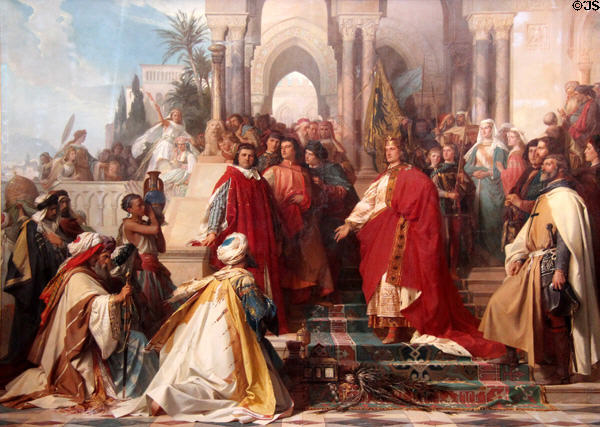 Court of Emperor Frederick II in Palermo painting (1865) by Arthur Georg von Ramberg at Neue Pinakothek. Munich, Germany.
