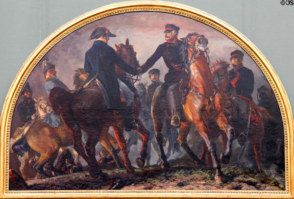 Blücher greets Wellington on Battlefield of Waterloo painting (1858) by Adolph von Menzel at Neue Pinakothek. Munich, Germany.