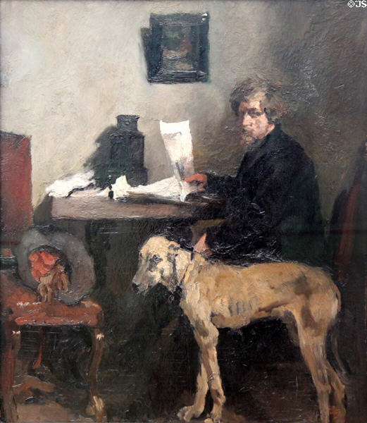Portrait of Painter Johann Ernst Sattler with Dog (1870-1) by Wilhelm Leibl at Neue Pinakothek. Munich, Germany.
