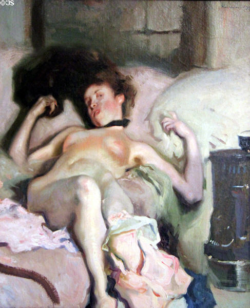 Reclining Nude painting (1907) by Hugo von Habermann at Neue Pinakothek. Munich, Germany.