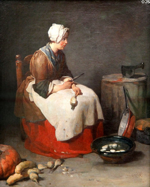 Woman Peeling Turnips painting (c1738) by Jean Baptiste Siméon Chardin at Neue Pinakothek. Munich, Germany.