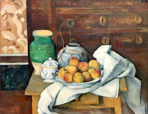 Still Life with Commode painting (c1883-7) by Paul Cézanne at Neue Pinakothek. Munich, Germany.