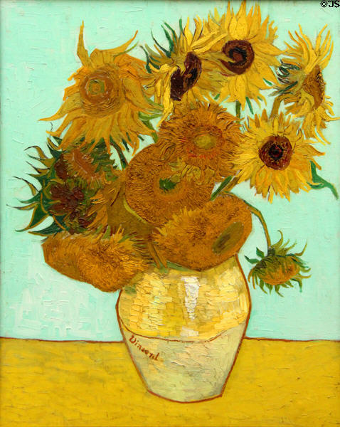 Sunflowers painting (1888) by Vincent van Gogh at Neue Pinakothek. Munich, Germany.