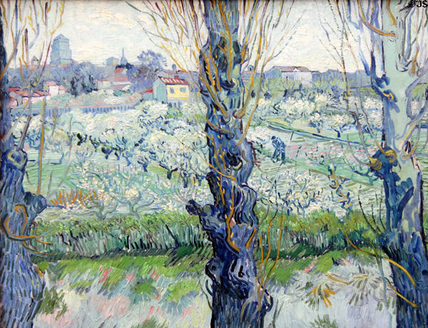 View of Arles painting (1889) by Vincent van Gogh at Neue Pinakothek. Munich, Germany.
