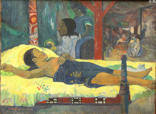 The Birth - Te tamari no atua painting (1896) by Paul Gauguin at Neue Pinakothek. Munich, Germany.
