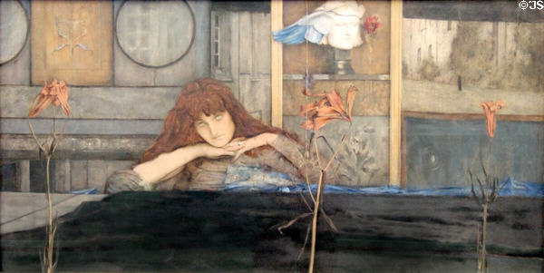 I lock my door upon myself painting (1891) by Fernand Khnopff at Neue Pinakothek. Munich, Germany.