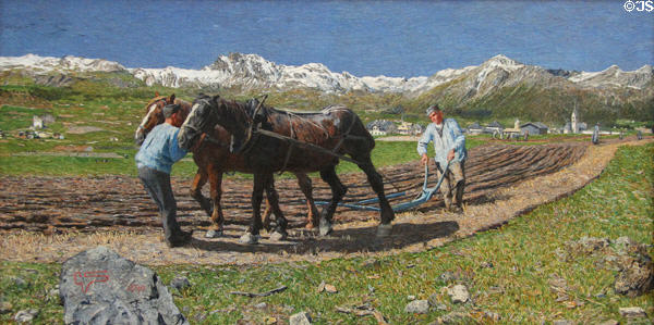 Ploughing painting (1890) by Giovanni Segantini at Neue Pinakothek. Munich, Germany.
