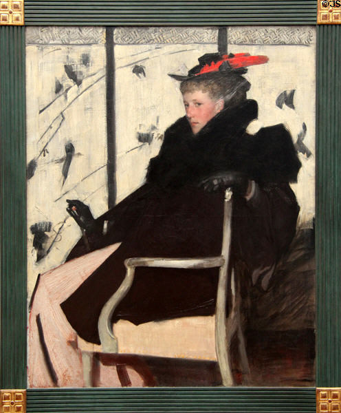 Mademoiselle Plume rouge painting (1896) by Thomas Austen Brown at Neue Pinakothek. Munich, Germany.