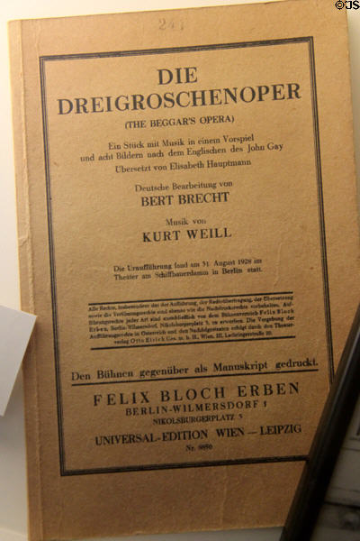 Libretto (1928) for Three Penny Opera aka The Beggar's Opera by Bertolt Brecht & Kurt Weill at Brechthaus Museum. Augsburg, Germany.