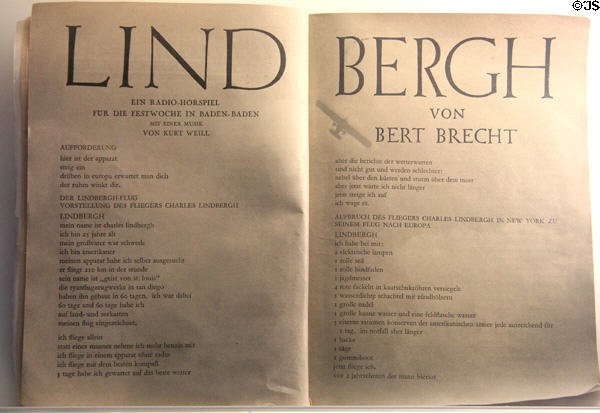 Lindbergh libretto (1929) by Bertolt Brecht created with Kurt Weill as a radio cantata for Festival Week at Baden-Baden at Brechthaus Museum. Augsburg, Germany.