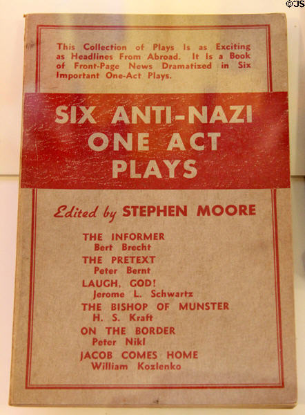 Book cover for Six Anti-Nazi One Act Plays (New York,1939) including The Informer by Bertolt Brecht at Brechthaus Museum. Augsburg, Germany.