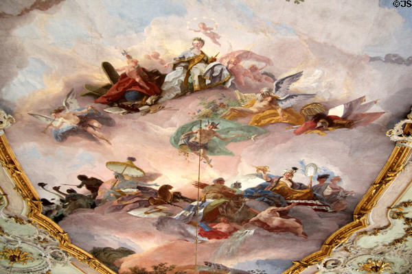 Large ceiling painting in gilded ballroom in Municipal Art Gallery at Schaezler Palace. Augsburg, Germany.