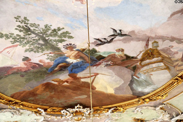 Ceiling painting with American native & Neptune in gilded ballroom in Municipal Art Gallery at Schaezler Palace. Augsburg, Germany.