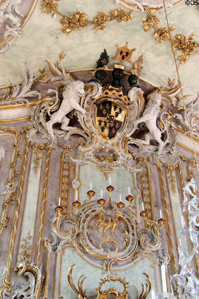 Rococo gilded & plaster ornamentation in ballroom in Municipal Art Gallery at Schaezler Palace. Augsburg, Germany.