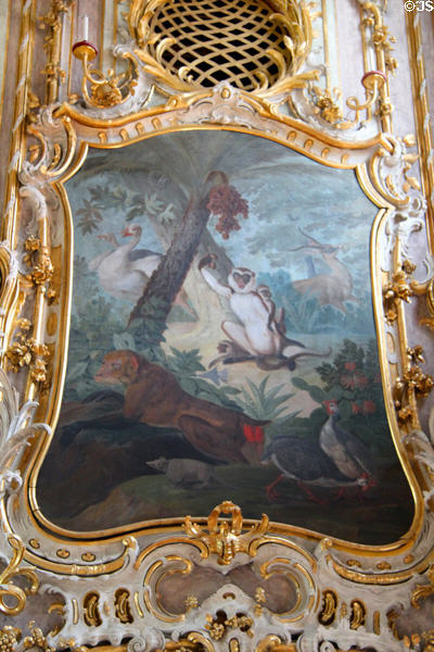 Painting of exotic birds & animals set in Rococo framing in ballroom in Municipal Art Gallery at Schaezler Palace. Augsburg, Germany.