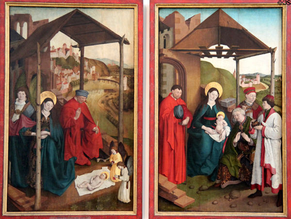 Nativity & Adoration of the Magi paintings (c1460-70) by Master of Landsberg Nativity in Municipal Art Gallery at Schaezler Palace. Augsburg, Germany.