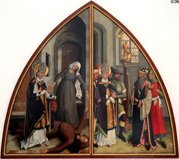 Scenes from Legend of St Valentine paintings (after 1500) by Bartholomäus Zeitblom of Ulm wherein Valentine heals an epileptic & refuses to worship idols in Municipal Art Gallery at Schaezler Palace. Augsburg, Germany.