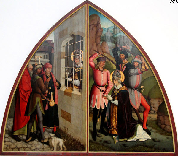 Scenes from Legend of St. Valentine paintings (after 1500) by Bartholomäus Zeitblom of Ulm wherein Valentine converts an executioner while imprisoned & is martyred in Municipal Art Gallery at Schaezler Palace. Augsburg, Germany.