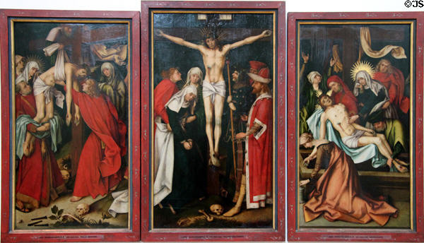 Three panel paintings (c1500) : The Crucifixion; Deposition from Cross & Entombment by Hans Holbein Elder in Municipal Art Gallery at Schaezler Palace. Augsburg, Germany.