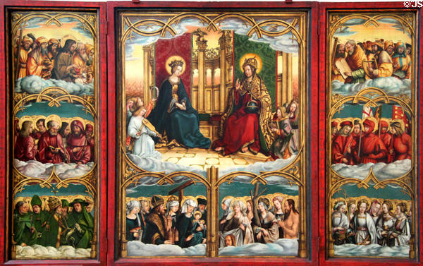 All Saints Altarpiece painting (1507) by Hans Burgkmair Elder of Augsburg depicting Mary as Queen of Heaven beside Christ, Ruler of World in Municipal Art Gallery at Schaezler Palace. Augsburg, Germany.