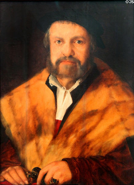 Thoman Peyrl master Augsburg goldsmith portrait (c1540-2) by Christoph Amberger from Augsburg in Municipal Art Gallery at Schaezler Palace. Augsburg, Germany.