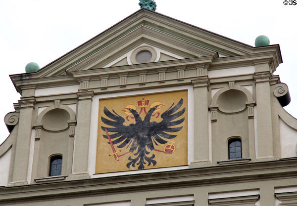 Augsburg Rathaus (City Hall) with city's emblem of a double headed Imperial Eagle. Augsburg, Germany.