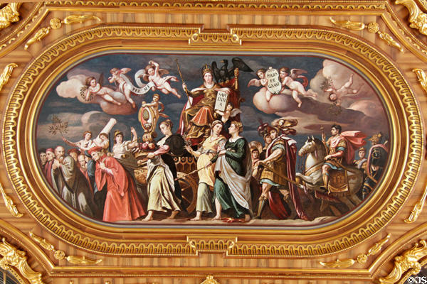 Large ceiling painting of Sapienti (wisdom) on a chariot pulled by wise men & law scholars in Goldener Saal at Augsburg Rathaus. Augsburg, Germany.