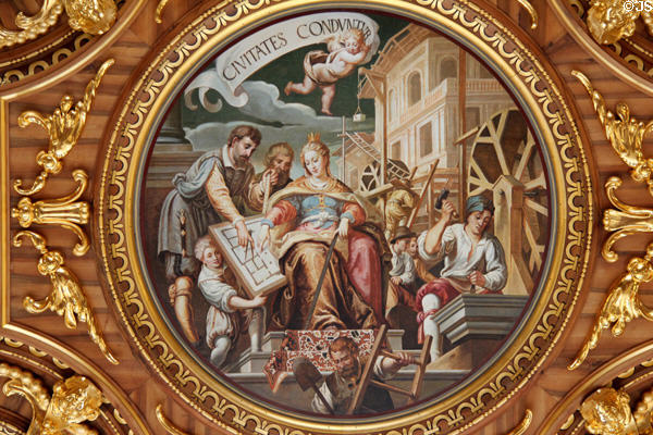 Ceiling painting titled Civitates Conduntur i.e. Cities are Founded in Goldener Saal at Augsburg Rathaus. Augsburg, Germany.