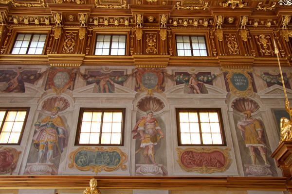 Wall frescoes of Emperors: Charles V under motto "I came; I saw; God Conquered"; Emperor Constantine & Theodosius Max in Goldener Saal at Augsburg Rathaus. Augsburg, Germany.
