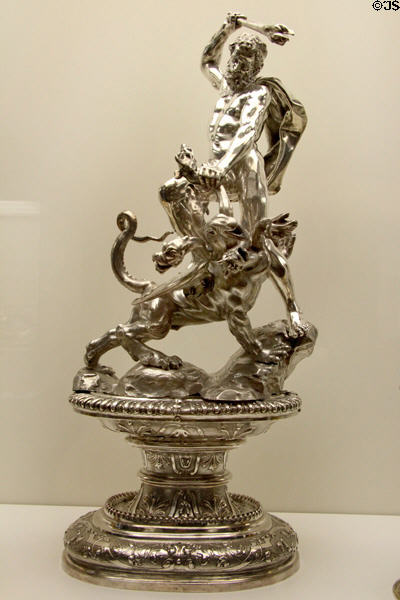 Silver centerpiece of imperial city of Augsburg: Hercules fights hydra (c1700) by goldsmith Albrecht Biller from Augsburg at Maximilian Museum. Augsburg, Germany.