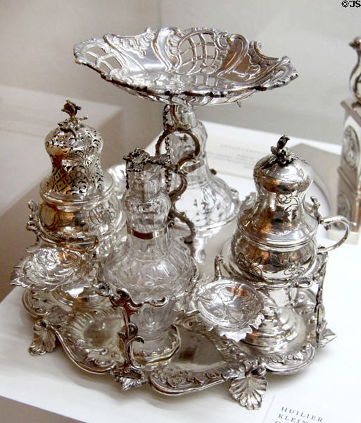 Elaborate silver cruet set on tray for vinegar, oil & spices (1771-3) by goldsmith Johannes Hübner from Augsburg at Maximilian Museum. Augsburg, Germany.