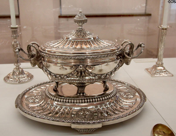 Silver tureen & tray (1781-3) from dinner service of Tsarina Catherine II for government of Riga by goldsmith Sebald Heinrich Blau from Augsburg at Maximilian Museum. Augsburg, Germany.