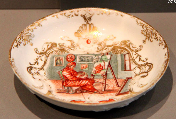 Meissen porcelain plate painted in gold & red (c1740) decorated by Franz Mayer from Augsburg at Maximilian Museum. Augsburg, Germany.