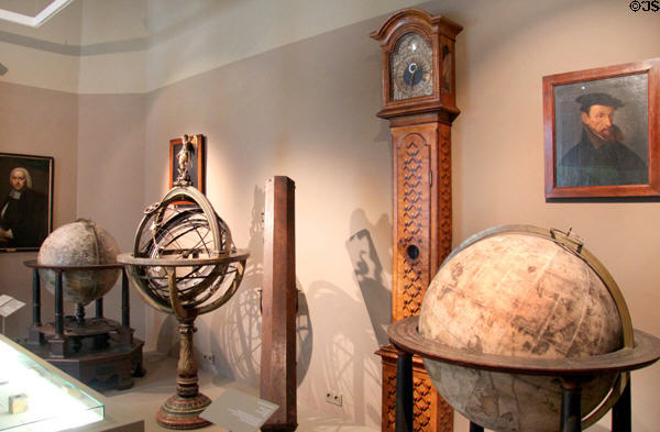 Antique tall clock & globes at Maximilian Museum. Augsburg, Germany.