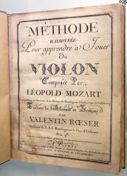 "Fundamental Principles for Learning to Play the Violin" manuscript (c1770) by Leopold Mozart translated into French at Mozarthaus Museum. Augsburg, Germany.