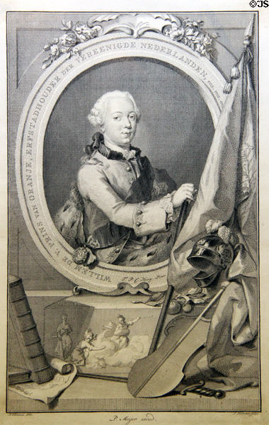 Copper engraving of Prince Wilhelm V of Orange (c1766) for whom Wolfgang Mozart played three times at court, by Jakob Houbraken at Mozarthaus Museum. Augsburg, Germany.