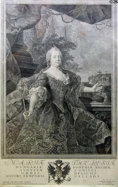 Copper engraving of Empress Maria Theresia whom the Mozart family met in Vienna when Wolfgang & Nannerl gave a concert, by Philipp Andreas Kilian at Mozarthaus Museum. Augsburg, Germany.