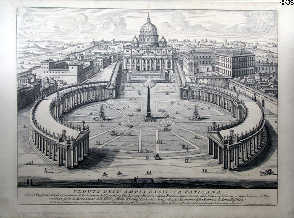 Engraving of St Peter's Basilica in Rome (1729) where in 1770 Leopold & Wolfgang Mozart succeeded in gaining an audience with the Vatican Secretary of State by Giovanni Battista Falda at Mozarthaus Museum. Augsburg, Germany.