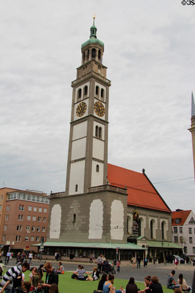 Perlach bell tower (c1610) & St Peter am Perlach church on Rathaus Platz. Augsburg, Germany.