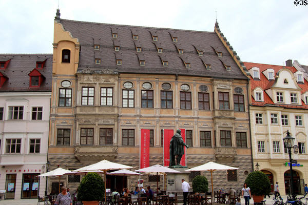 Fuggerplatz with Hans Jacob Fugger monument & Maximilian Museum. Augsburg, Germany.