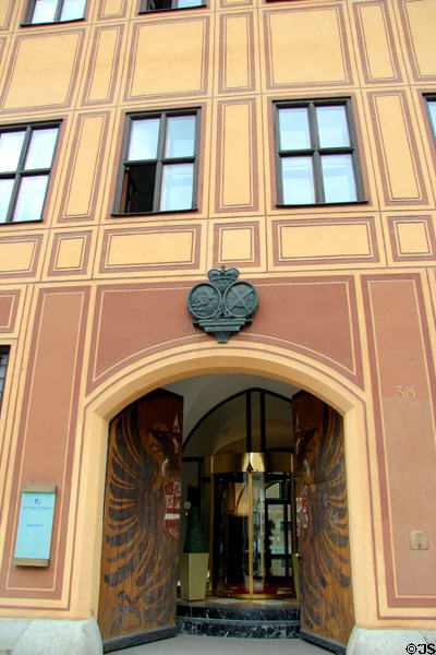 First Fugger Private Bank (1954) (38 Maximilianstraße), name referencing famous Fugger Banking House, where Martin Luther in1588 refused to revoke his theses to the papacy legate, Cajetan. Augsburg, Germany.