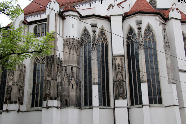 Gothic filigree carved on windows & pillars on exterior of Augsburg Cathedral. Augsburg, Germany.