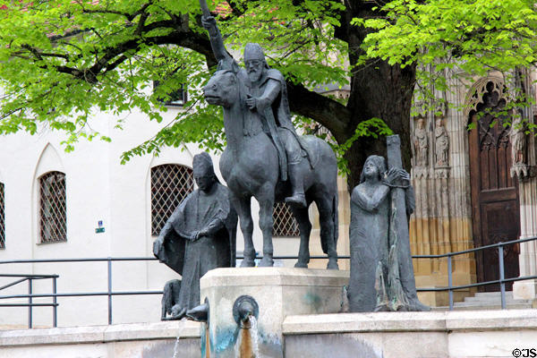 Statues of St Simpert, Ulrich von Augsburg on horseback & Afra von Augsburg outside Augsburg Cathedral. Augsburg, Germany.