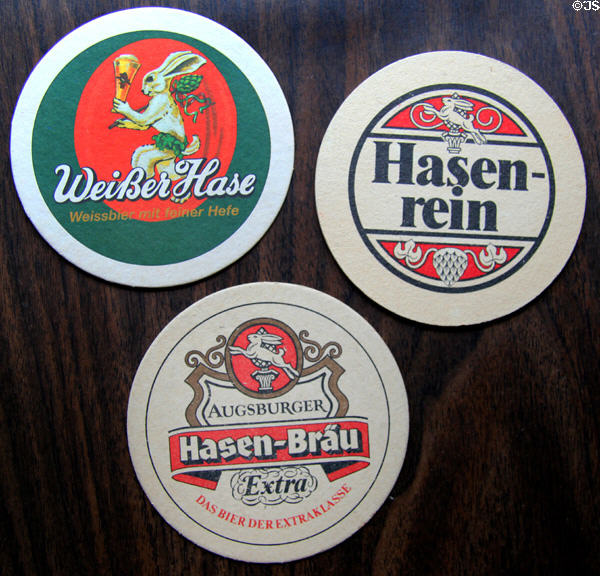 Hasen-Bräu rabbit beer stein coasters as used in taverns. Augsburg, Germany.
