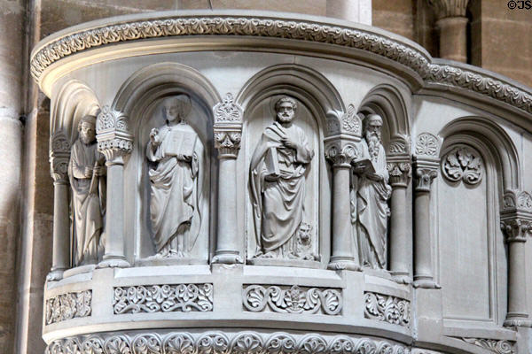 Pulpit (19thC) with carvings of Evangelists at Bamberg Cathedral. Bamberg, Germany.