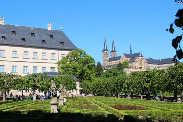 Michaelsberg Abbey over New Residence palace & gardens. Bamberg, Germany.