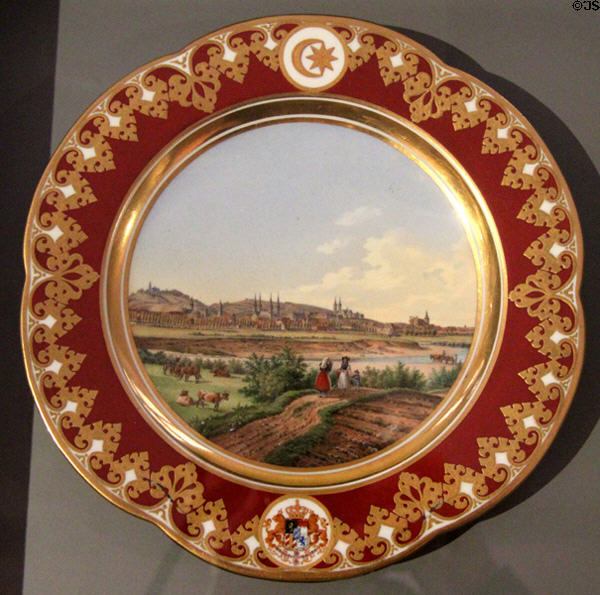 Nymphenburg porcelain plate painted with view of Bamberg (c1803-4) by Karl von Marx at Bamberg City Museum. Bamberg, Germany.